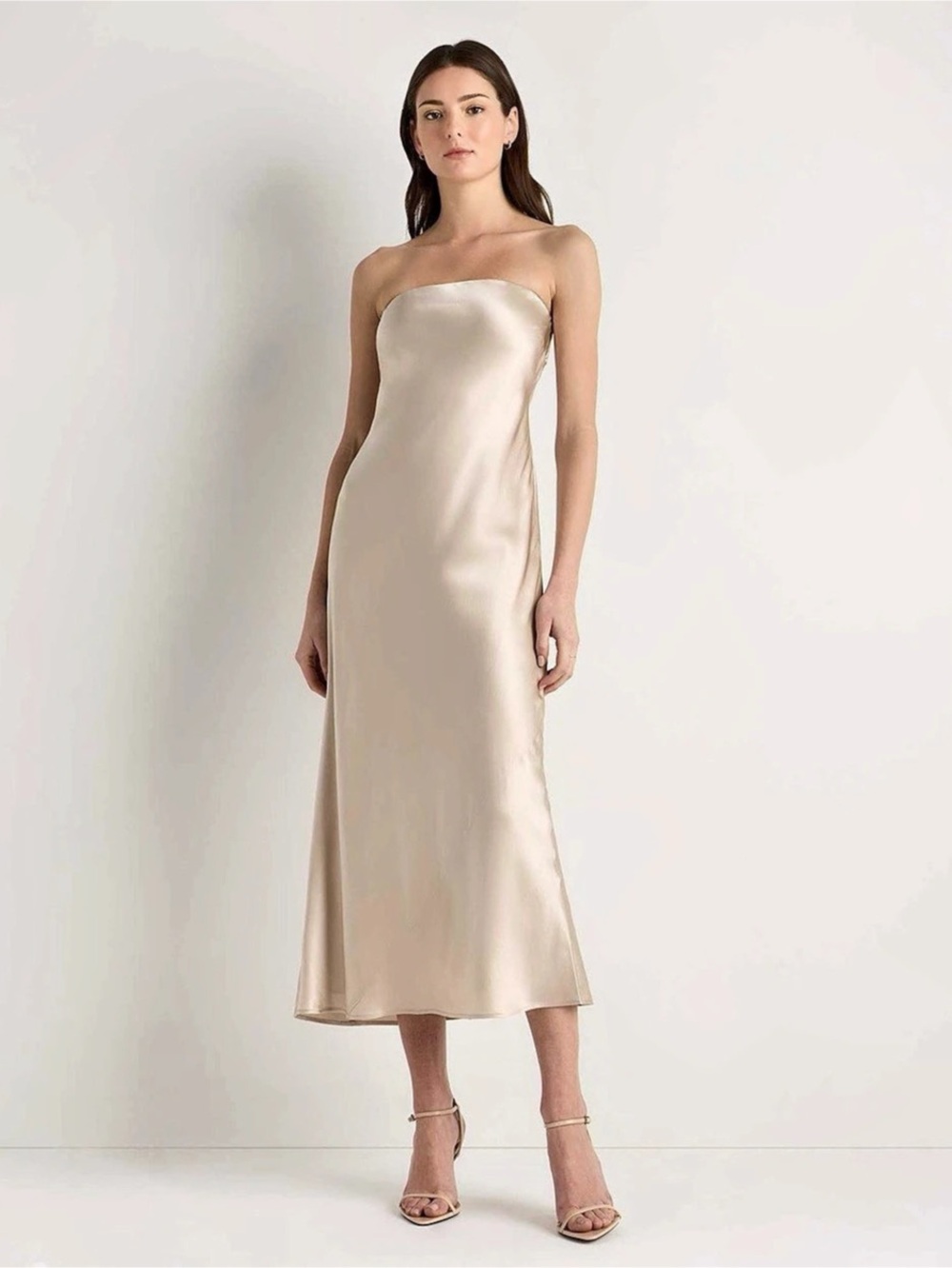 100% washable silk strapless midi dress